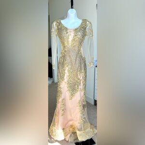 Unique Gold Sequin Embroidered Long Sleeve Maxi Fishtail Dress with Train